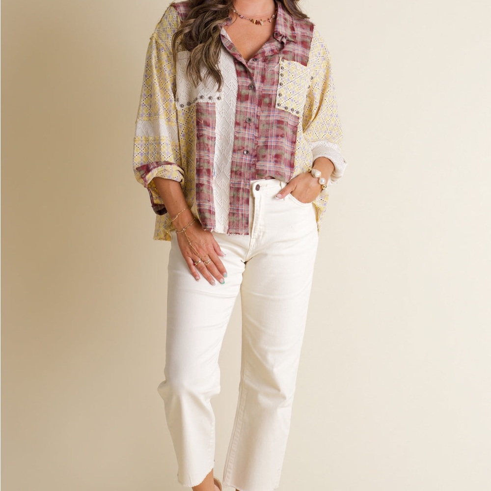 Pol Mixed Media Patchwork Button Down Shirt | Ove… - image 5